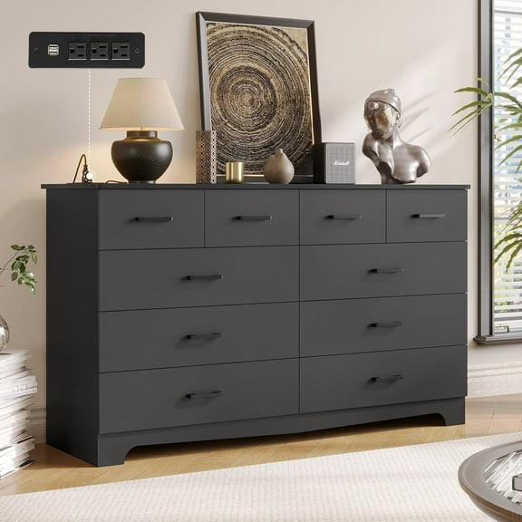 Black Dresser for Bedroom 10 Drawers Dresser & Chest of Drawers with Power Outlets, Modern Wide Wood Storage Cabinets & TV Stand for Living Room Hallway
