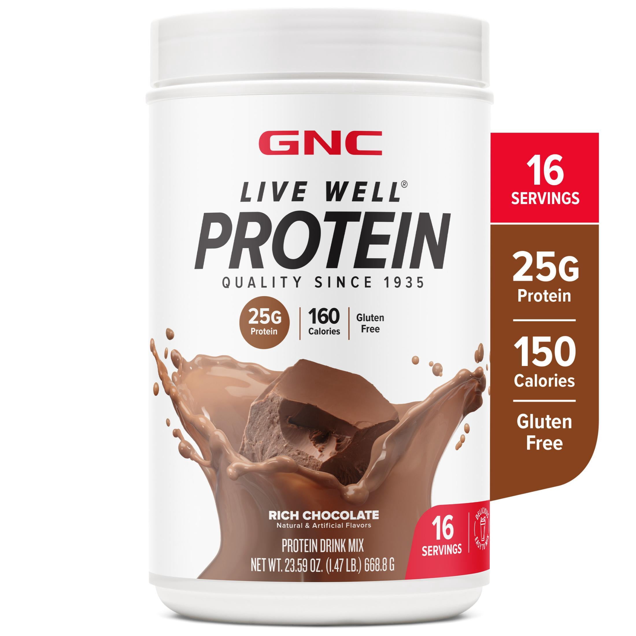 GNC Live Well Protein Powder, 25g Whey Protein, Rich Chocolate, Gluten Free, No Sugar Added, 16 Servings