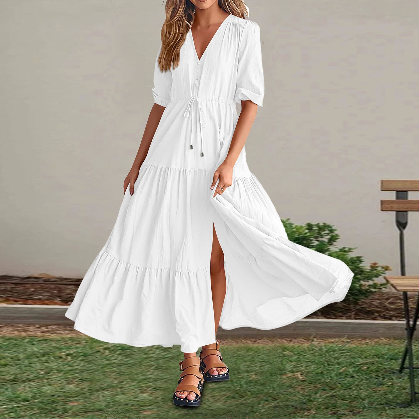 RWJ Women's Plus Size Summer Maxi Dress - Square Neck, Empire Waist With Drawstring, Flowy Tiered Long Dress - View #8