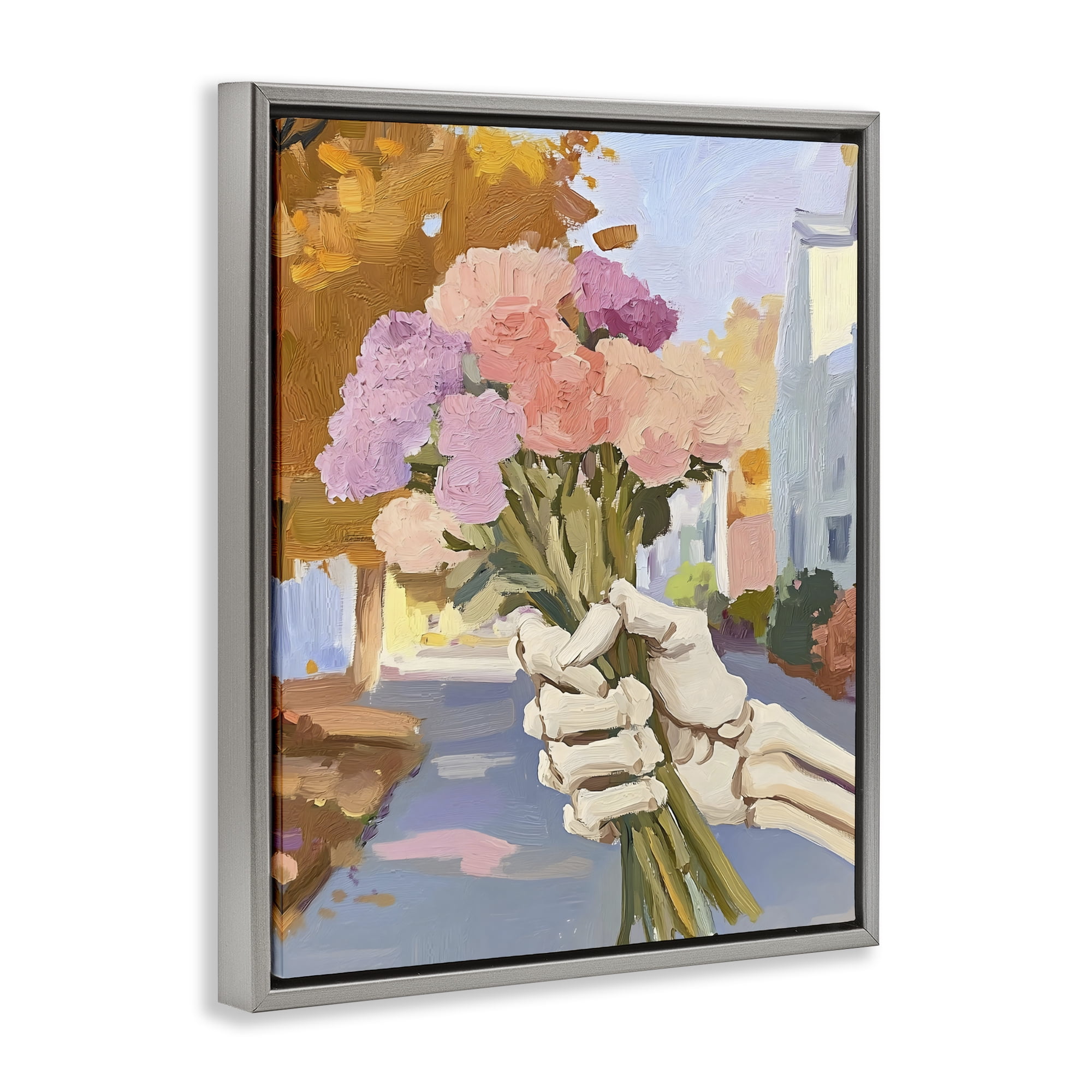 Stupell Industries Skeleton Hand Holding Flowers Gray Framed Floater Canvas Wall Art, design by The Prints Vibe