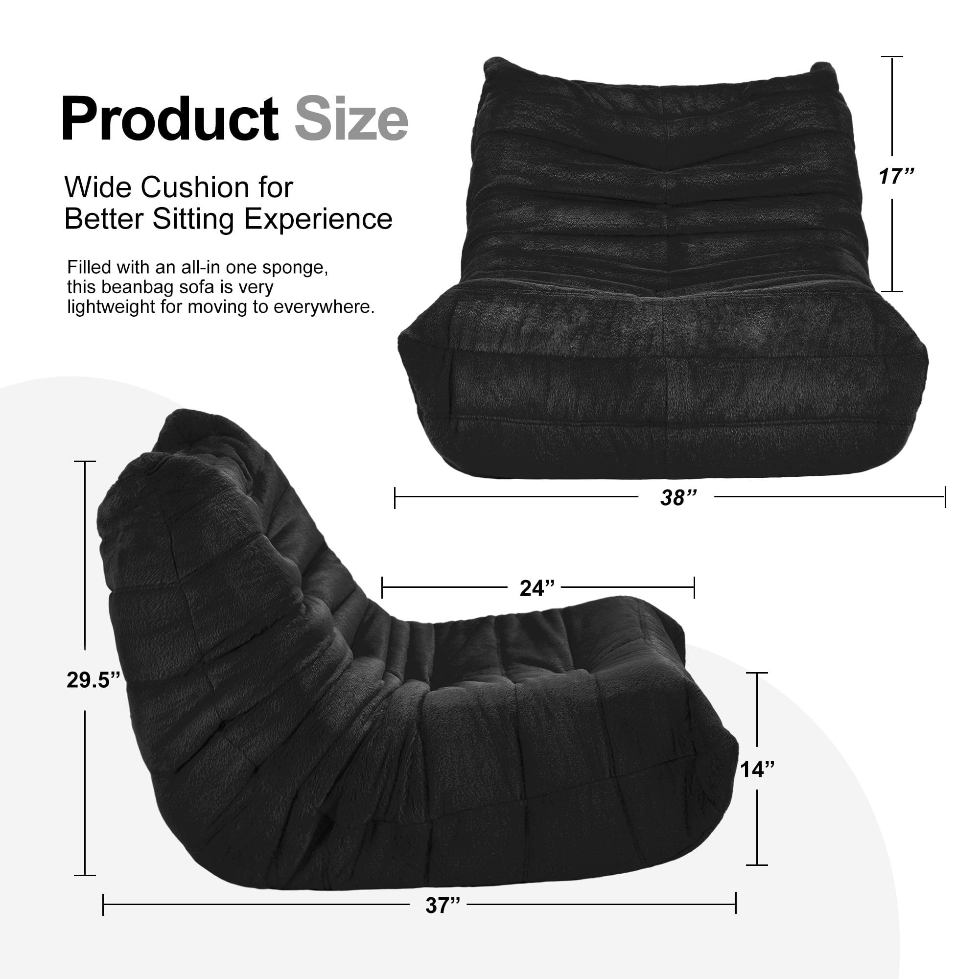 Hobestluk Bean Bag Chairs for Adults Giant BeanBag Chair Sofa Memory Foam Bean Bag Chair Faux Fur Fireside Bean Bags Big Lazy Sofa for Living Room Bedroom Dorm Office (Black Plush)