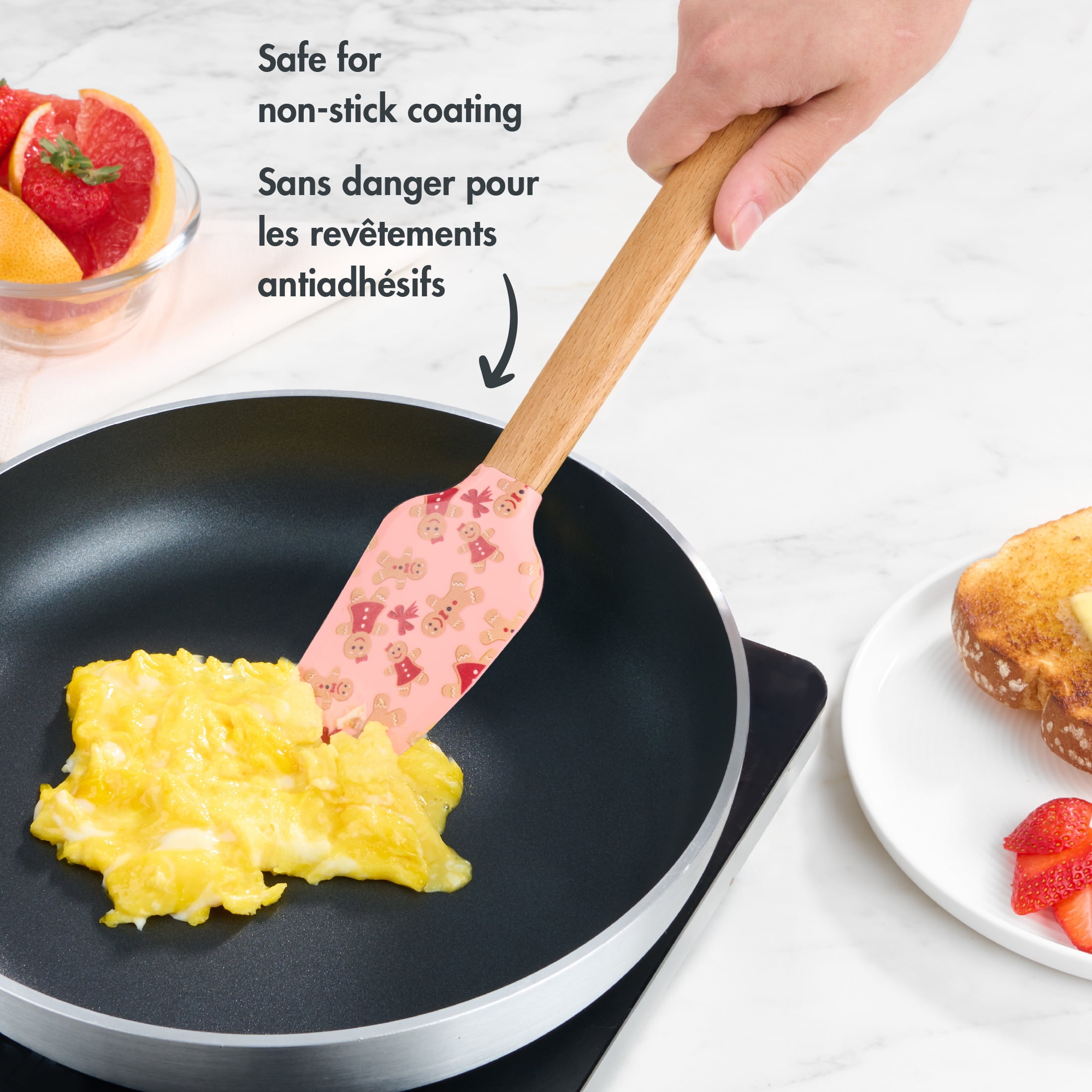 Holiday Time Silicone and Beechwood Spatula, Gingerbread Cookies, Pink