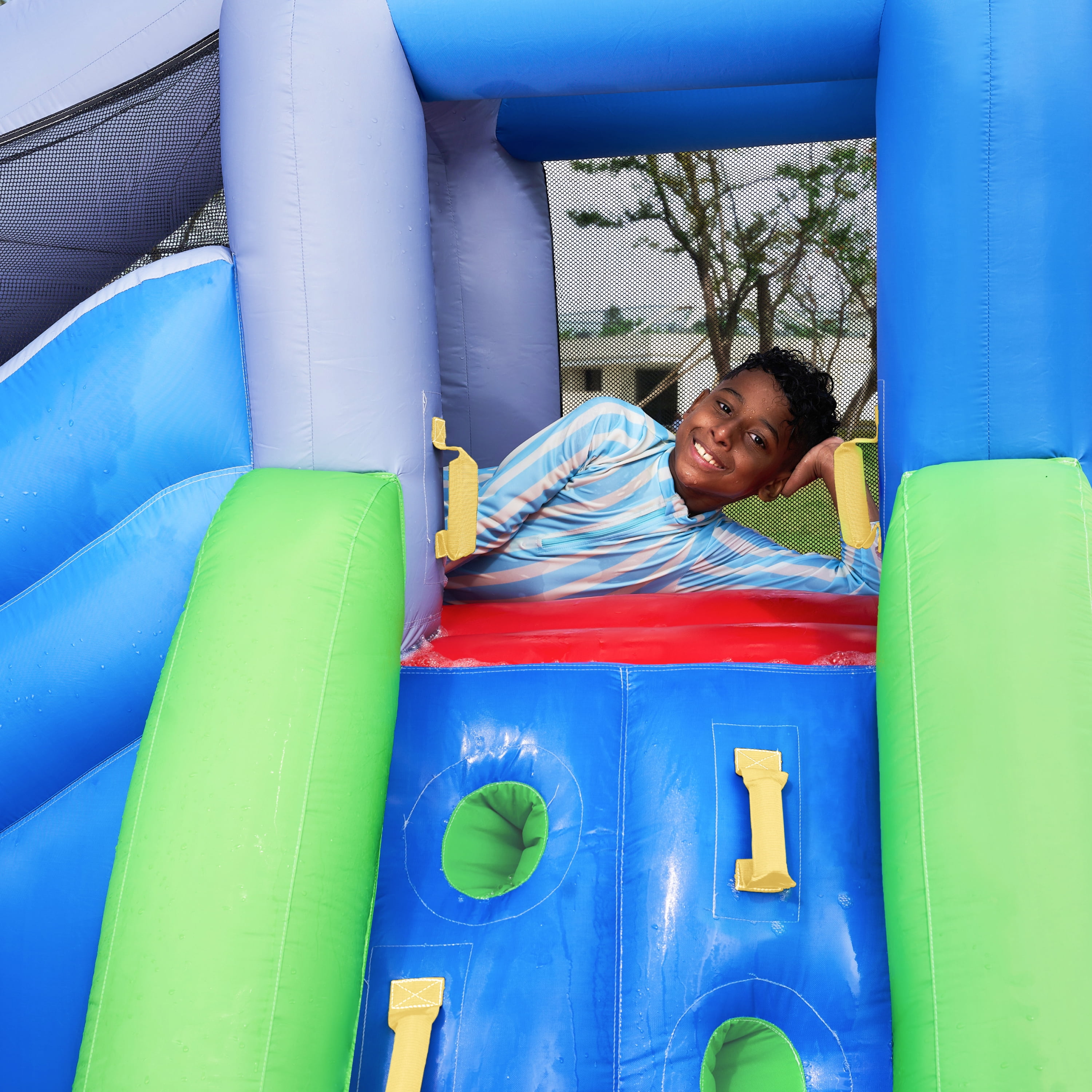 Joyfy Inflatable Water Slide Shark Bouncy House, Kids Bounce House with Splash Pool, Slide, Basketball Hoop, Climbing Wall, Water Cannon, Jumping Castle for Kids 3-12, Indoor & Outdoor