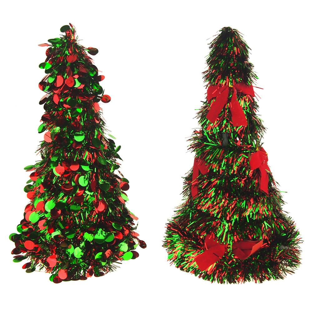 2-Piece 10-Inch Red/Green Christmas Tinsel Tree Cone Tabletop Topper 