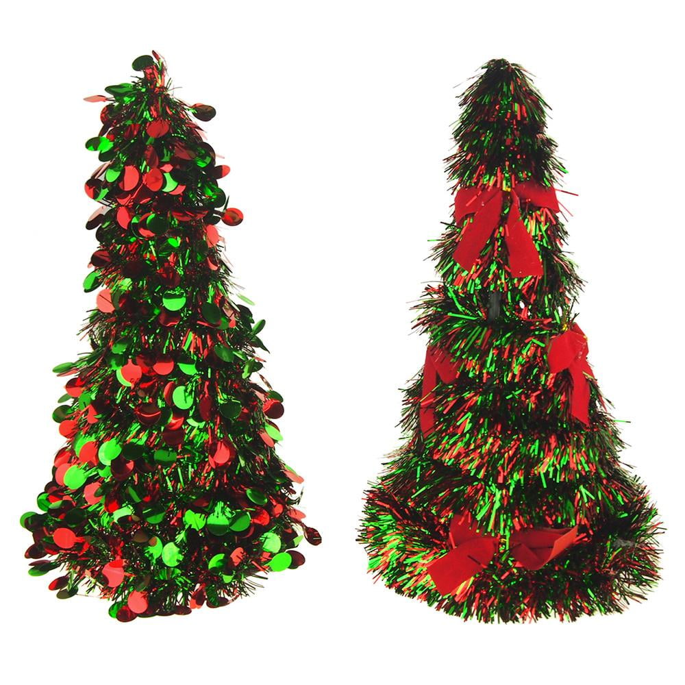 Tinsel Tree Cone Christmas Tabletop, Green/Red, 10Inch, 2Piece