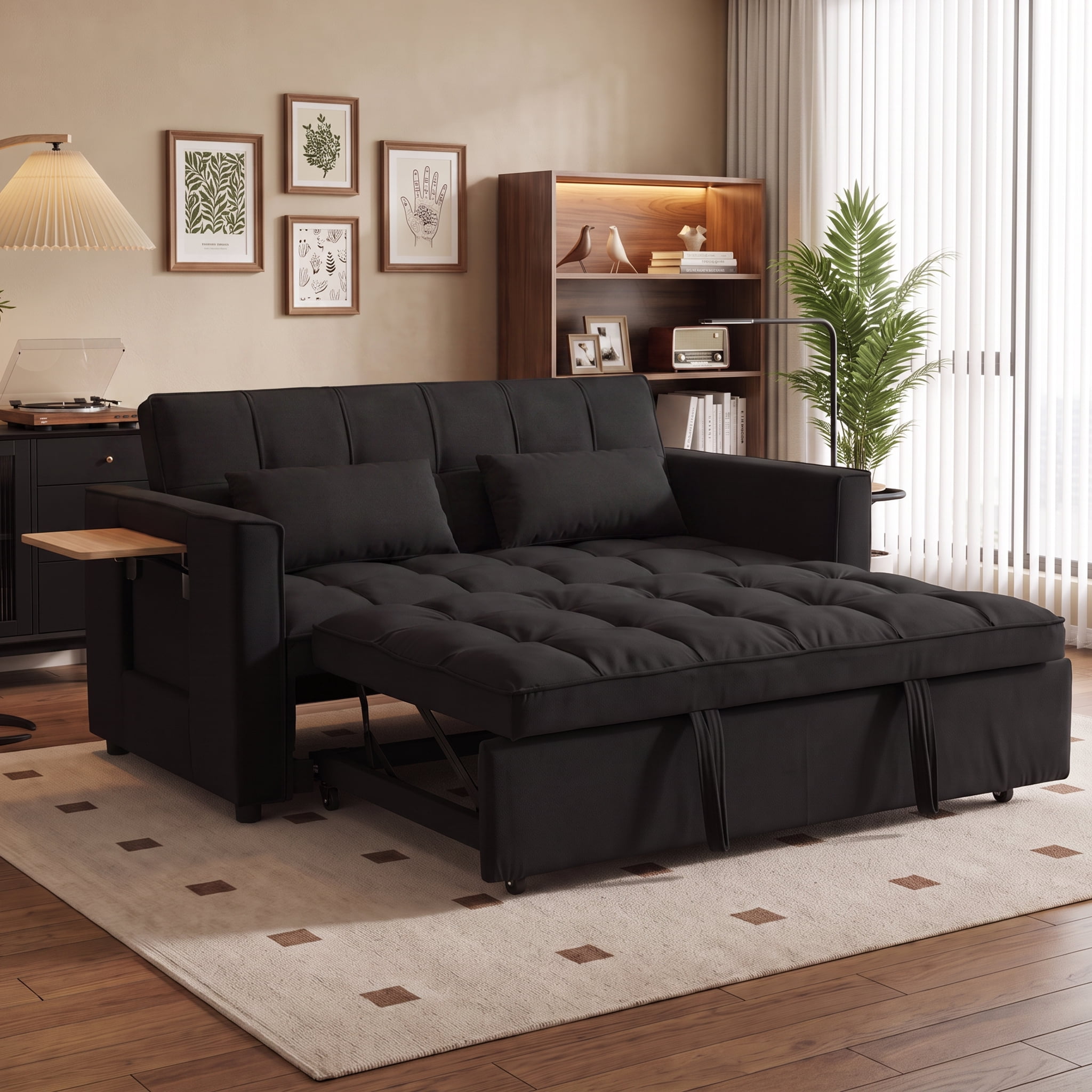 Pull Out Sofa Bed,Full-Size Sleeper Sofa,Velvet Convertible Loveseat Counch with Side Strong Pocket,Multi-Function 2-Seater Sofa Bed with Wheels for Living Room Apartment Guest Room,Black