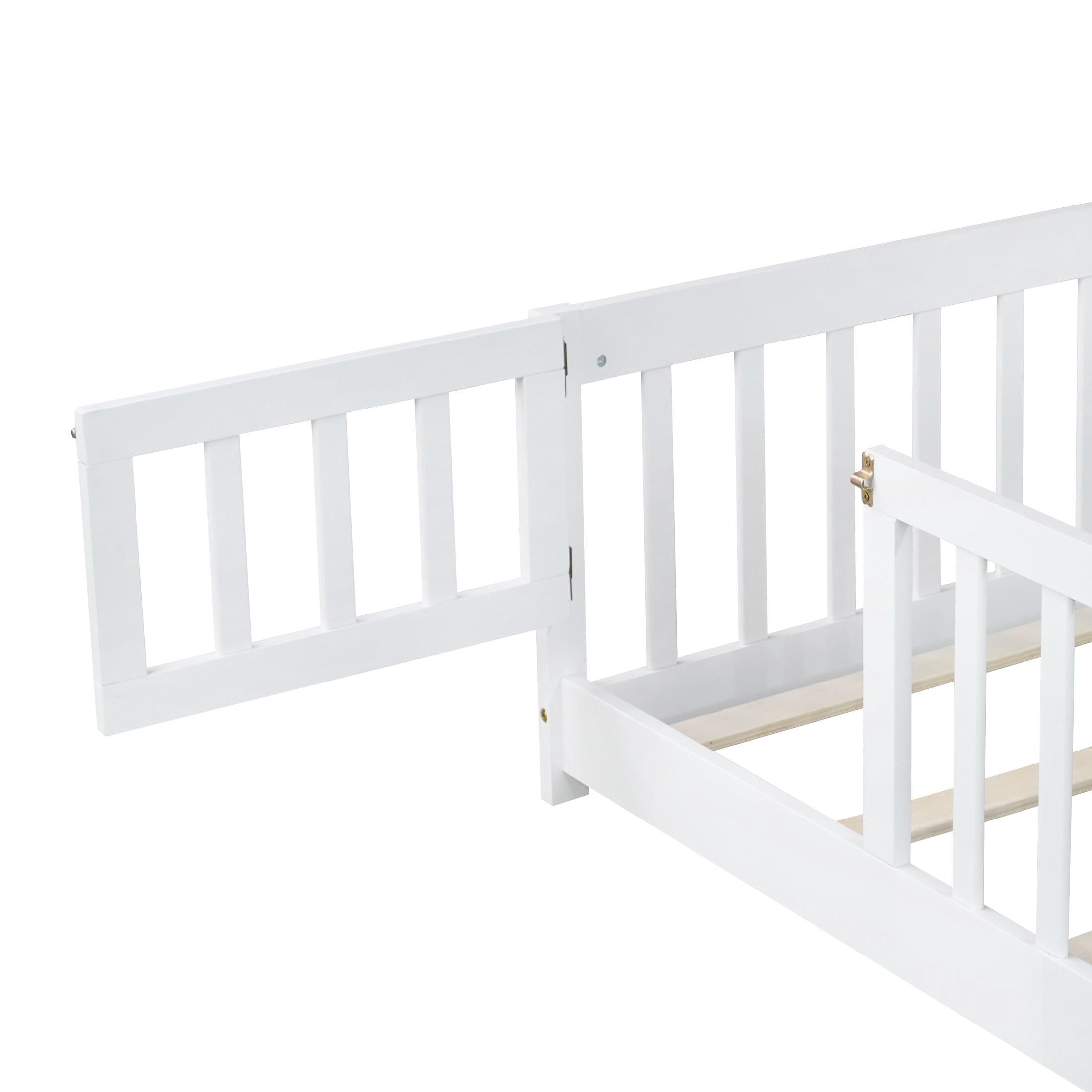 Noble House Mira Twin Floor Bed with Fence and Door, Sturdy Rubber Wood Montessori Bed Frame, Kid's Room, White