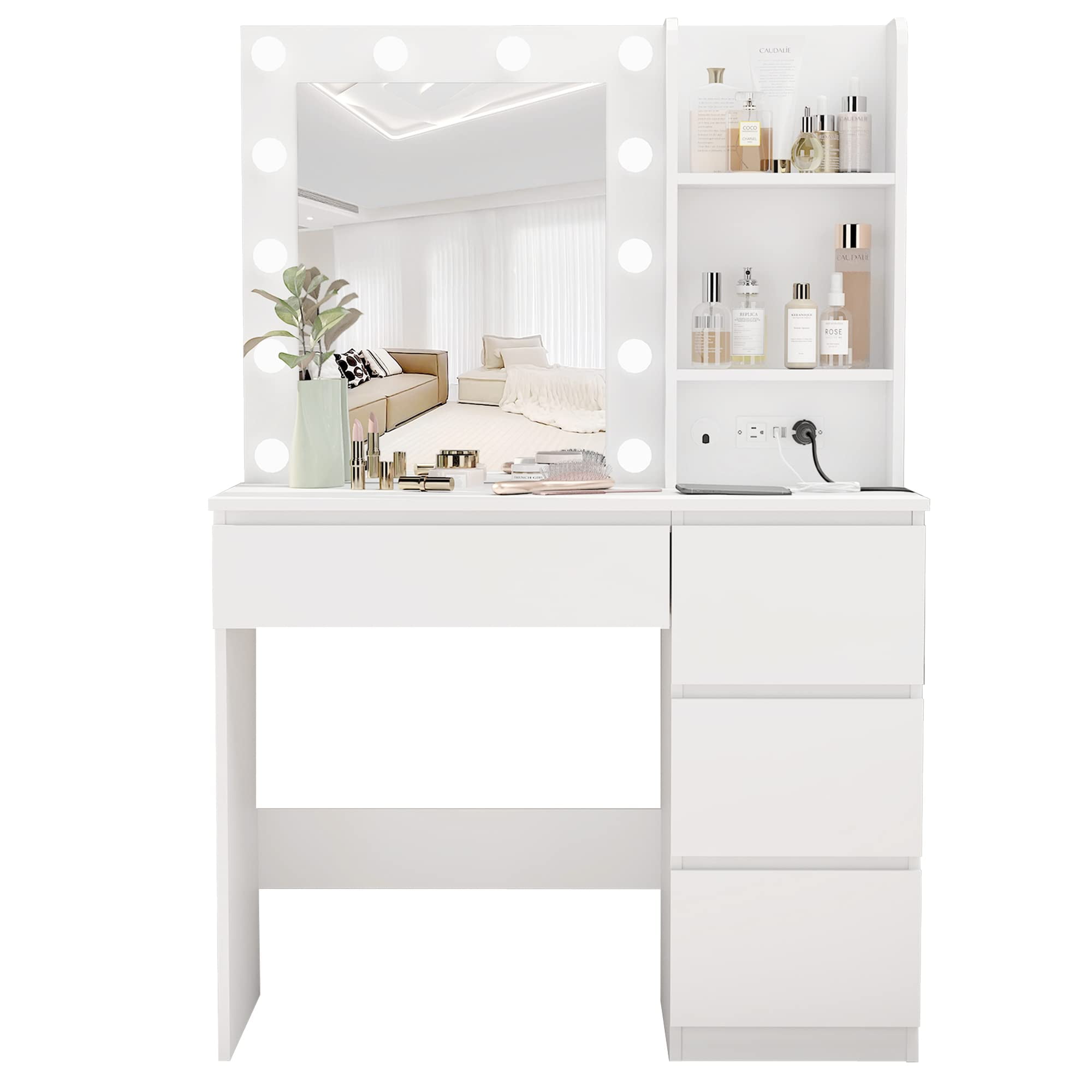 Veanerwood Makeup Vanity with Lights, Bedroom Vanity Table with Power Strip, Modern Dressing Table, 4 Drawers, White
