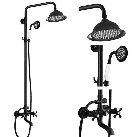 Zovajonia Matte Black Bathroom Exposed Shower Faucet 8 Inch Rainfall Shower Head Set with Tub Spout and Handheld Spray Double Cross Handles Wall Mount