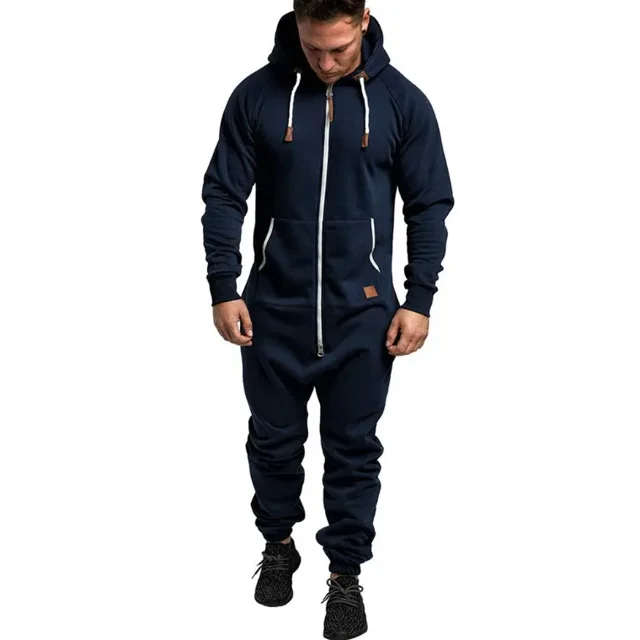 Mens Solid Long Sleeve Hooded Jumpsuit with Zipper Pockets Autumn Winter Casual