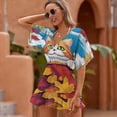 thumbnail image 2 of Autumn Cat Leaves Art Beach Cover Ups Women V Neck Short Sleeve Dress Coverups Beachwear, 2 of 6