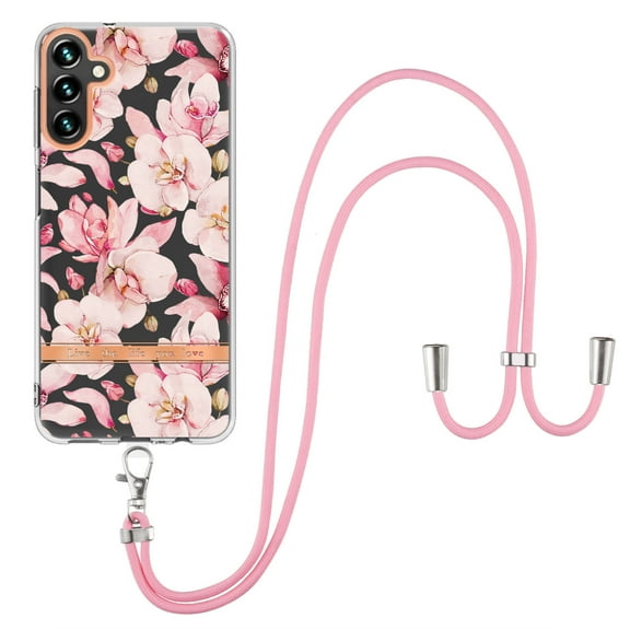 SaniMore Crossbody Design Case for Samsung Galaxy A14 5G (6.6" 2022), Adjustable Shoulder Strap Shockproof TPU Silicone Floral Back Cover for Girls Women [Slim Lightweight] Cord Cover, Pink Flower