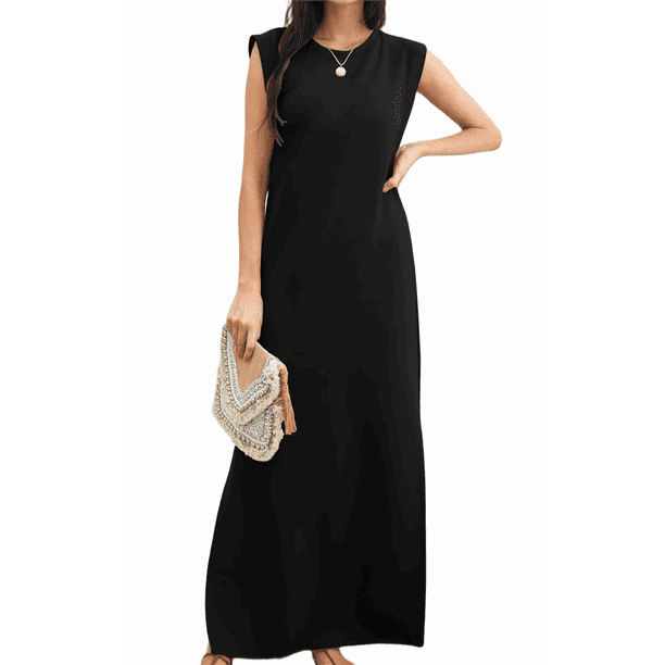 Vestido Maxi de Verano para Mujer, Informal, Holgado, con Abertura, Sin Arrugas, con Cuello Redondo y Bolsillos, Color Negro, Talla XXL