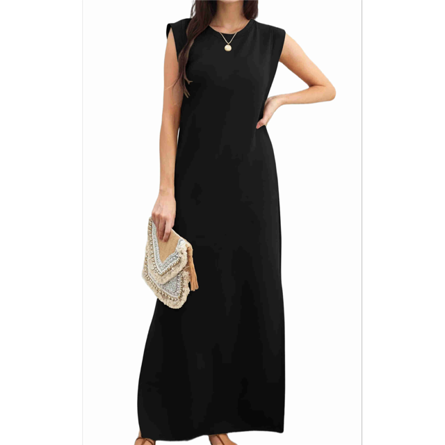 Vestido Maxi de Verano para Mujer, Informal, Holgado, con Abertura, Sin Arrugas, con Cuello Redondo y Bolsillos, Color Negro, Talla XL