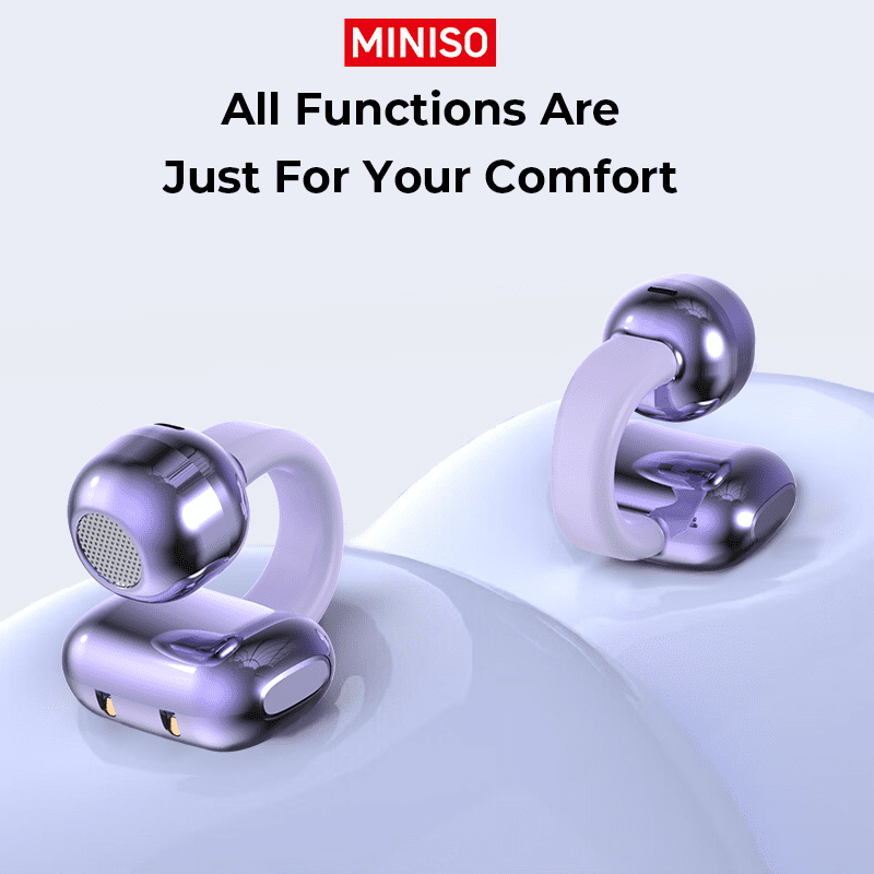 Miniso MS198 Clip-On Earbuds, Open-Ear Headphones, AI Translator 130+ Languages, Bluetooth 5.4, IPX5 Waterproof, Type-C Fast Charge, Purple