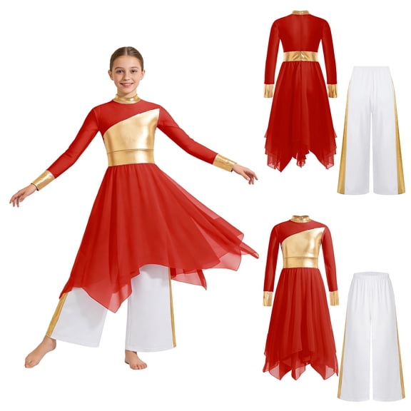 iiniim Girls Praise Dance Dress Long Sleeve Church Robe With Palazzo Pants Outfit Worship Liturgical Dancewear Red&White 12