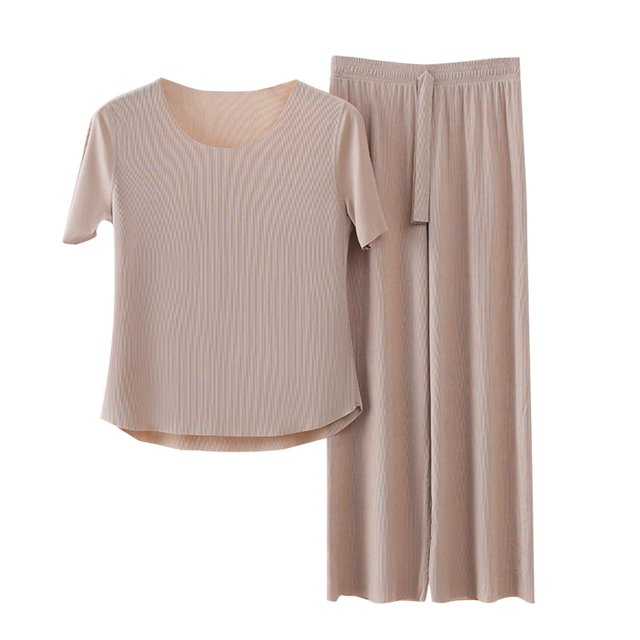 cfhntfmh Ensemble de Pyjama pour Femmes 2 Pcs, Haut à Manches Courtes Col Ras du Cou avec Pantalon de Pyjama Long, Tenue de Nuit Douce, Ensembles de Pyjama, Ensembles de Détente pour Femmes