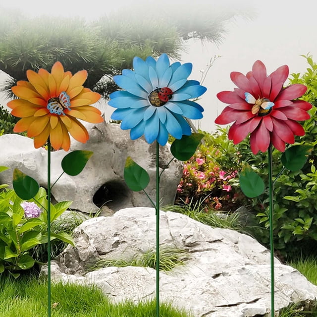Fiudx Estaca de Flores para Jardín Al Aire Libre, Diseño de Metal Inoxidable, Girasol Artesanal con Brillantes Colores Multicolores, Decoración para Patio, Fácil Montaje, Juego de 3 Piezas, Perfecto