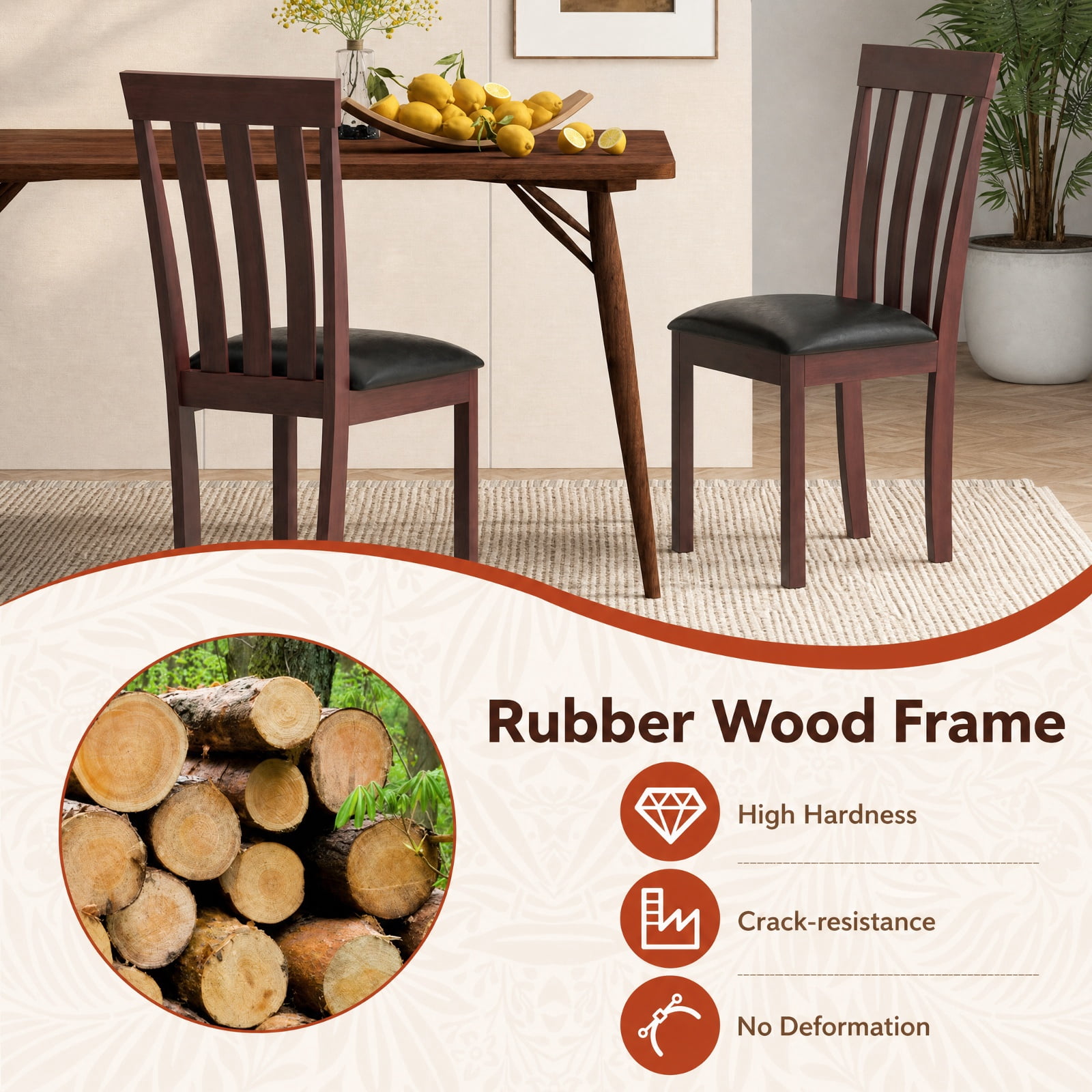 Furnibear Upholstered Dining Chairs Set of 2 Wooden Kitchen Chairs with Padded Seat and Rubber Wood Frame for Dining Room, Espresso