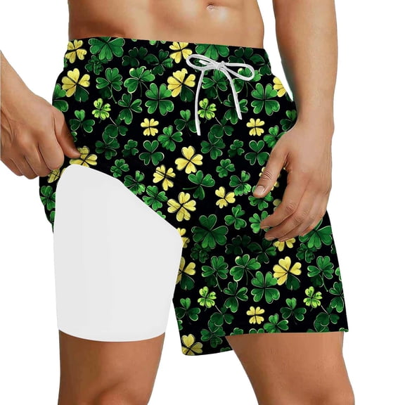 RKSTN Mens Swim Trunks with Compression Liner Swimming Trunks Hawaiian Style Print Trendy Elastic Drawstring Waist Quickly Dry Bathing Suit Pockets Swim Shorts