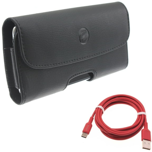 For Galaxy A73 /A23 /A14 /A13 /A03s - Case Belt Clip w 6ft USB-C Cable, Leather Holster Cover Pouch Loops Carry Protective Black, Red for Samsung Galaxy A73 /A23 /A14 /A13 /A03s