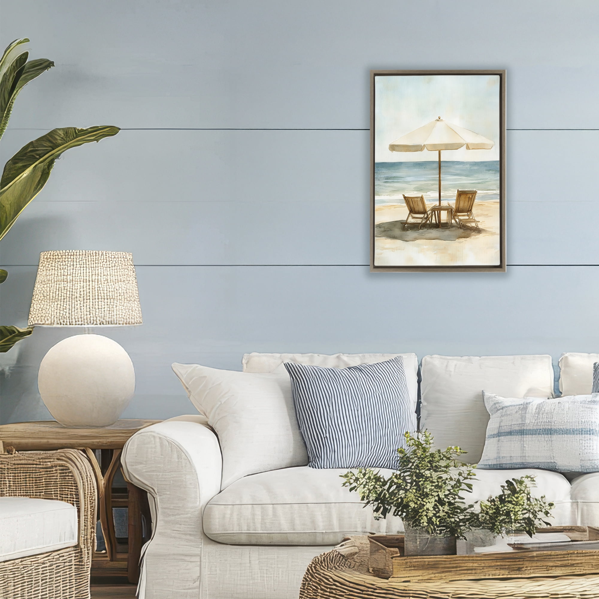 Stupell Industries Watercolor Paradise Seaside Retreat Brown Framed Floater Canvas Wall Art, design by Petal Prints Design