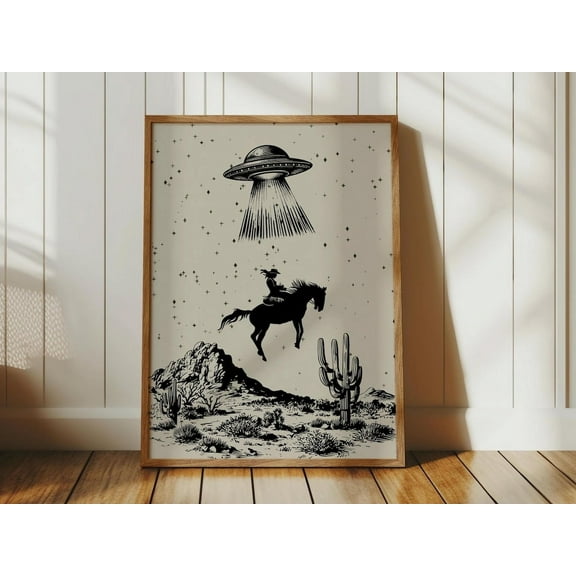 Miluva Space Cowgirl Wall Art, Retro Futurism Print, Cosmic Western Decor, Y2K Poster, Sci-Fi Desert, Trendy Yallternative, Ufo Art, Dorm Decor ,Decor For Living Room Bedroom, 8x12 UNFRAMED