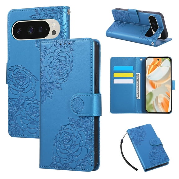 for Google Pixel 9A Wallet Case with Credit Card Holder, Flower Pattern Flip PU Leather Stand Shockproof Protective Phone Cover for Google Pixel 9A Magnetic Clasp Purse Case, Blue
