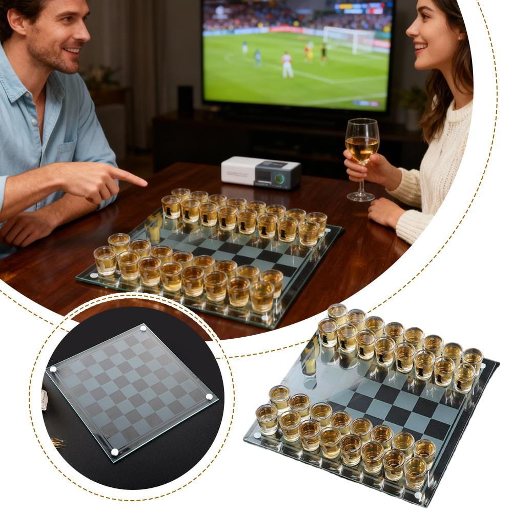 Glass Chess Set with 32 Shot Glasses for Adult Drinking Game and Home Decor