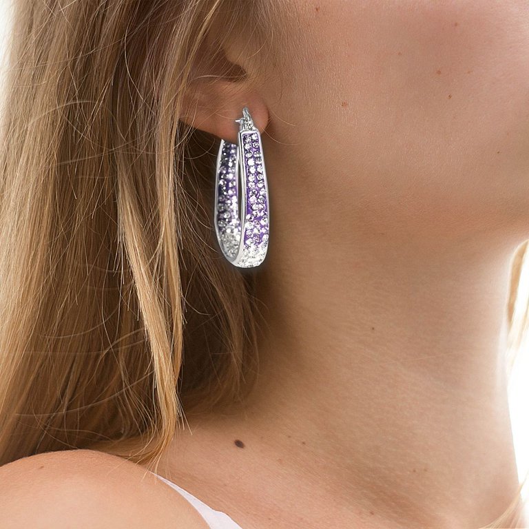 Glittering Large Purple Rhinestone Hoop Earrings