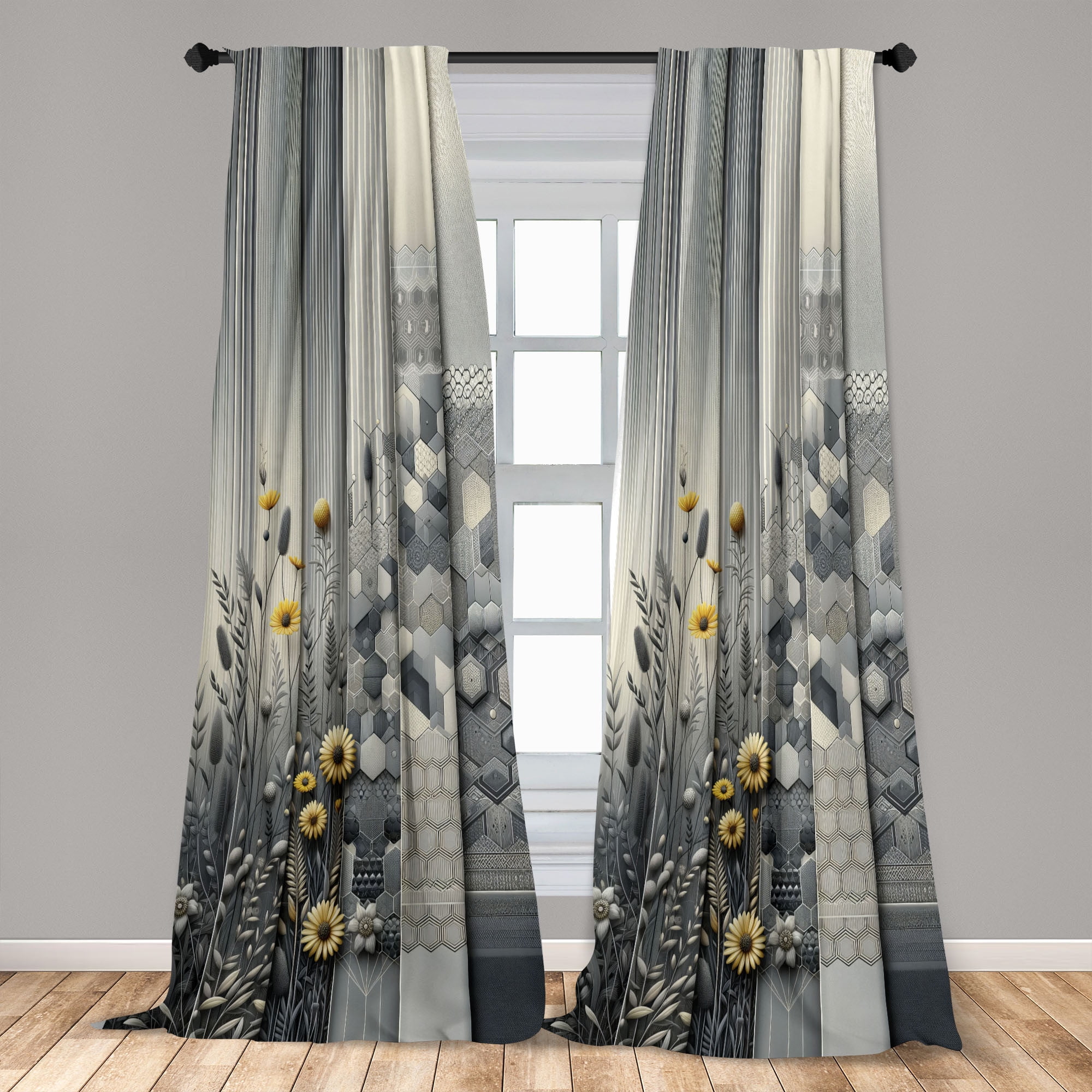 Ambesonne Grey Curtains 2 Panel Set, Geometric Flourishing Motif, Pair of - 28" x 63", Dimgray Yellow and Blue