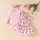 thumbnail image 2 of Odeerbi 0-18 Meses Conjunto Canastilla de Verano Para Niña Traje de Punto Elástico Con Lazo Falda Con Tirantes Cinta Para La Cabeza Conjunto de Tres Piezas Mono Falda Con Cintura Elástica, 2 of 7