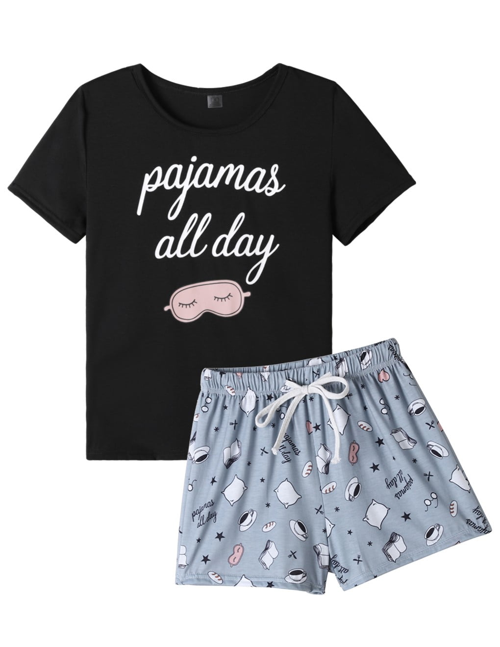 MyFav Women's Cute Cartoon Print Tee and Shorts Pajama Set,XL 