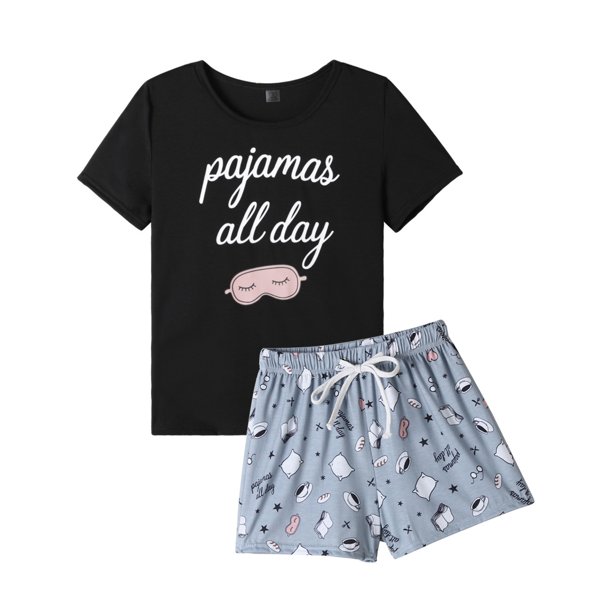MyFav Women's Cute Cartoon Print Tee and Shorts Pajama Set,XS