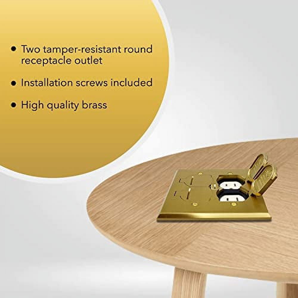 SELECT Lighting SLFB-2G-TR20-LV-BR 20A Receptacle Outlets, Tamper Resistant Electrical Floor Box with Flip Lid and Brass Cover, Retractable Recessed Socket for Kitchen, Countertops & Floors