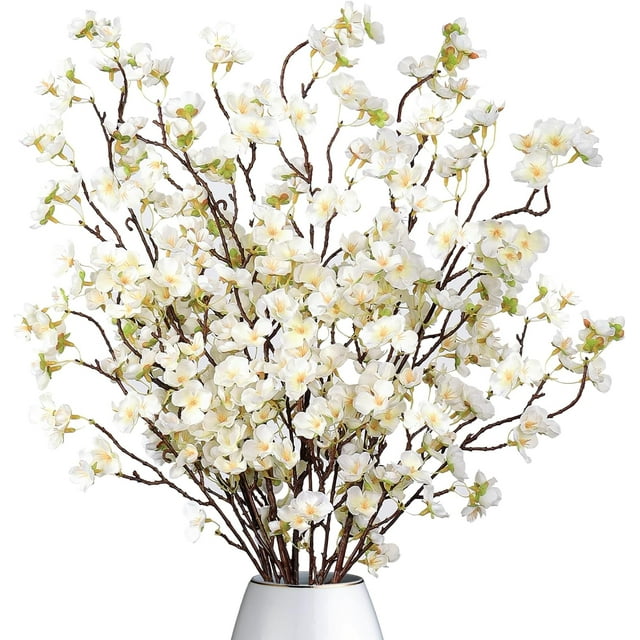 Paquete de 4 flores artificiales de cerezo, ramas falsas de flor de cerezo, flores de seda en florero, flores de imitación de melocotón blanco, decoración de primavera