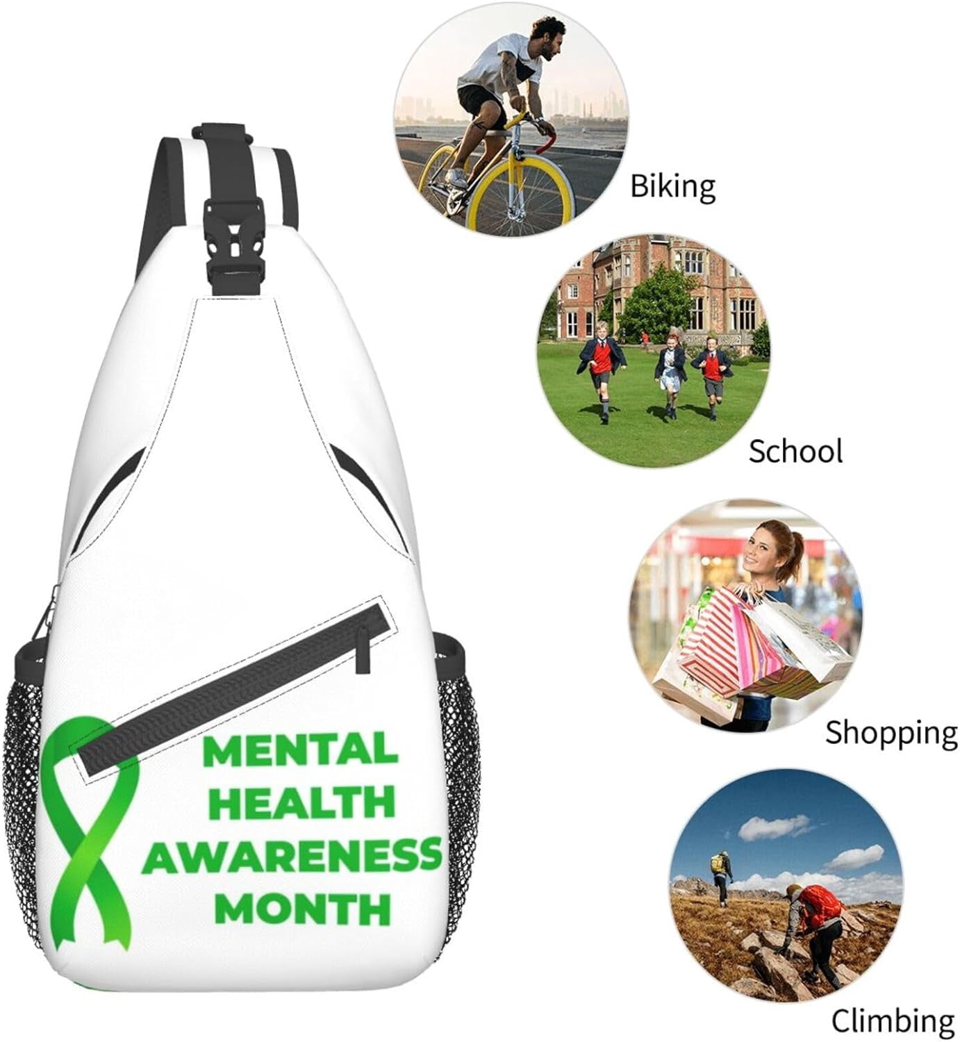 In July I Wear Green for Minority Mental Health Awareness Month Sling Bag Crossbody Hiking Travel Chest Bags Backpack Shoulder Daypack for Women Men
