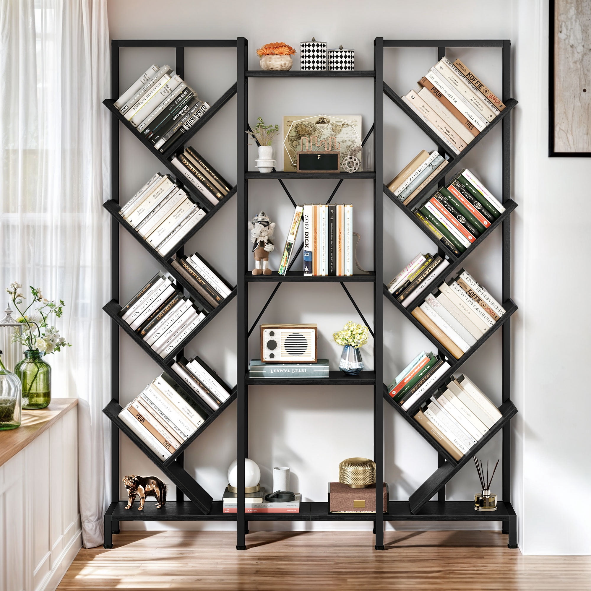 Dextrus 5 Tier Tall Bookshelf, 70.8" Wide Tree Bookcase, Industrial Large Bookshelves, Etagere Storage Display Shelf for Living Room,Bedroom, Home Office, Black