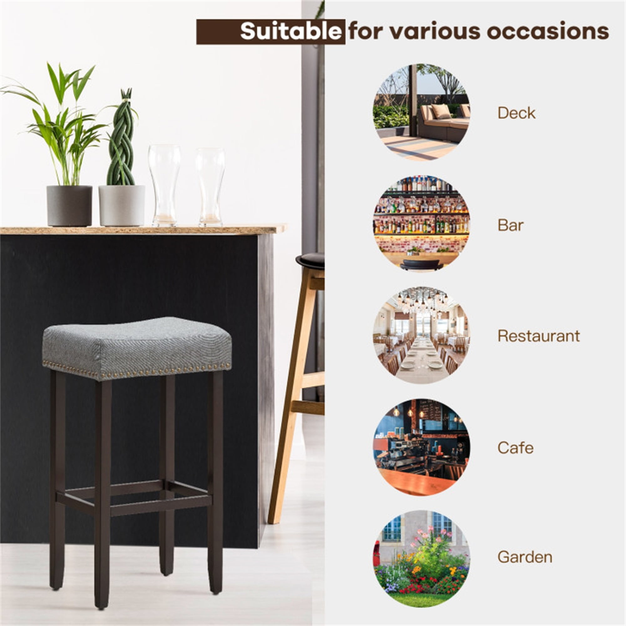 Demi Bonn Set of 2 Nailhead Saddle Bar Stools, 29" Heightdoor Modern Dining Chair, Gray