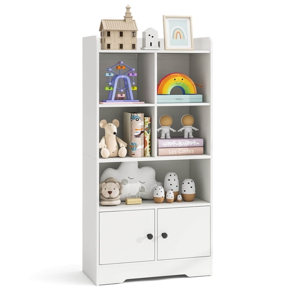 Costway Freestanding Bookshelf with Doors 2 Storage Cabinets and 5 Cubbies 2 Anti-tip Kits White