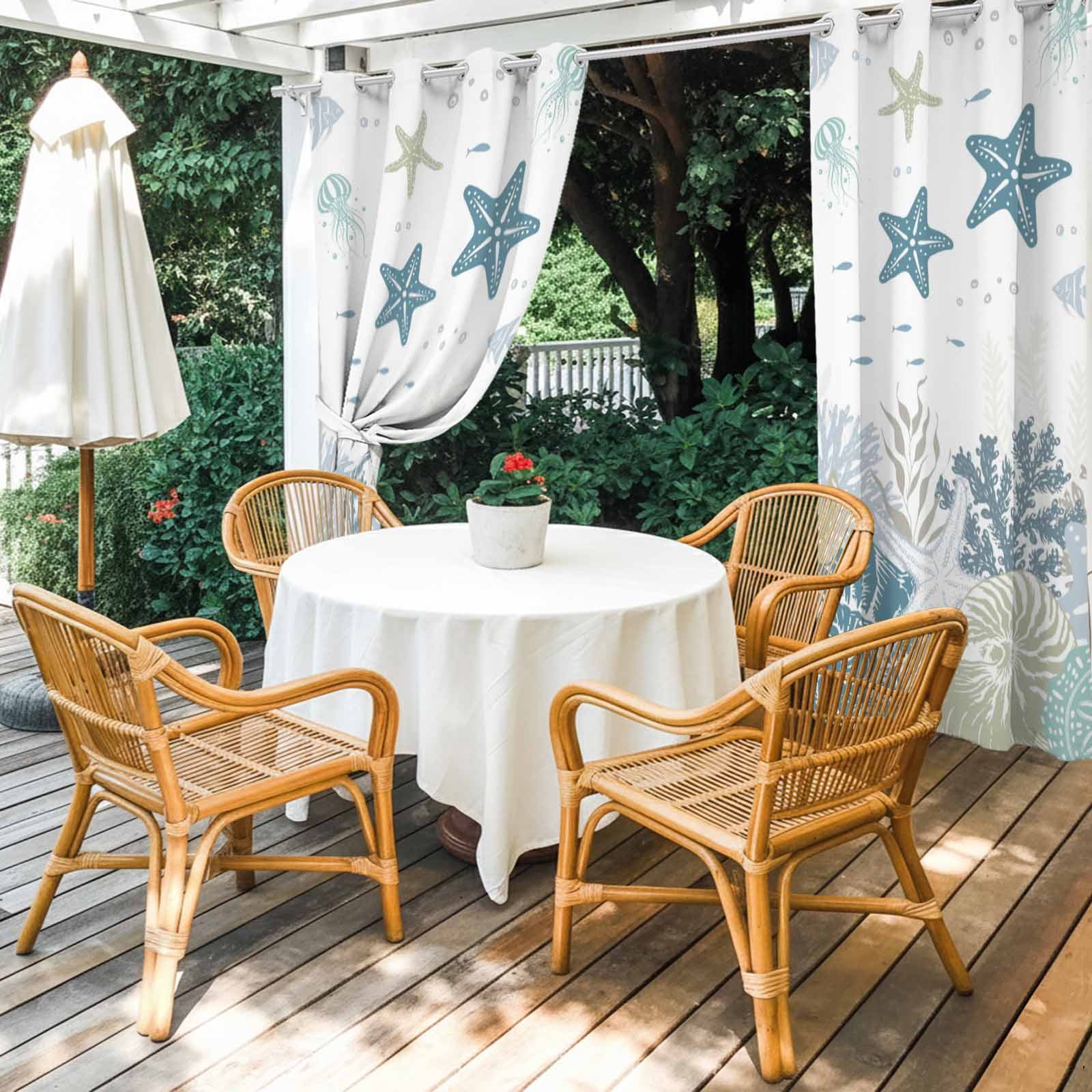 Summer Marine Life Outdoor Curtains for Patio, Watercolor Sea Fish Ocean Starfish Conch Sunshade Privacy Drapes Grommet Waterproof Outside Curtains for Porch/Cabana/Balcony 54"x 108", 1 Panel