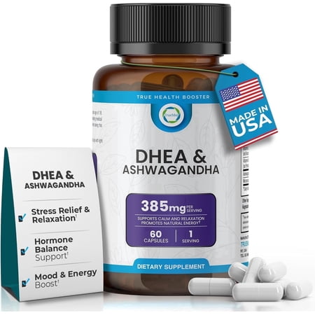 TrueMed DHEA & Ashwagandha Supplement 385mg – 250mg Ashwagandha, 10mg Micronized DHEA, Vitamin C & B6 – Supports Relaxation, Natural Energy & Balanced Mood – 60 Vegan Capsules
