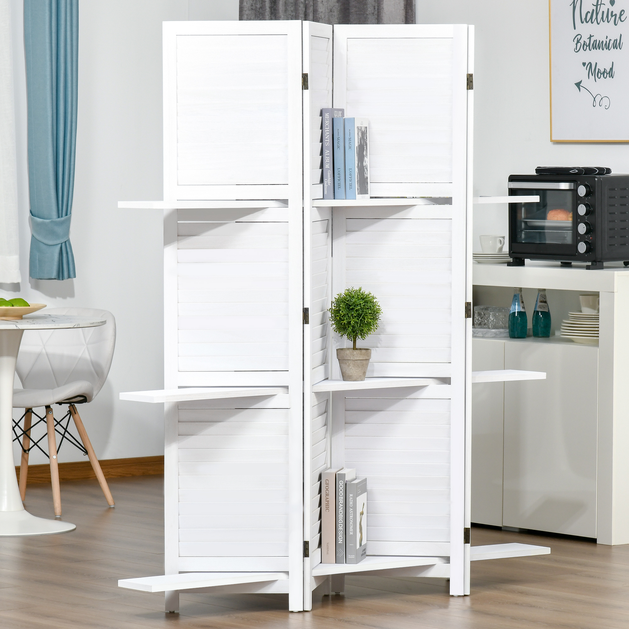 67" White Wood Privacy Screen Room Divider – 4-Panel Folding Partition with 3 Shelves for Bedroom, Home Office & Living Room