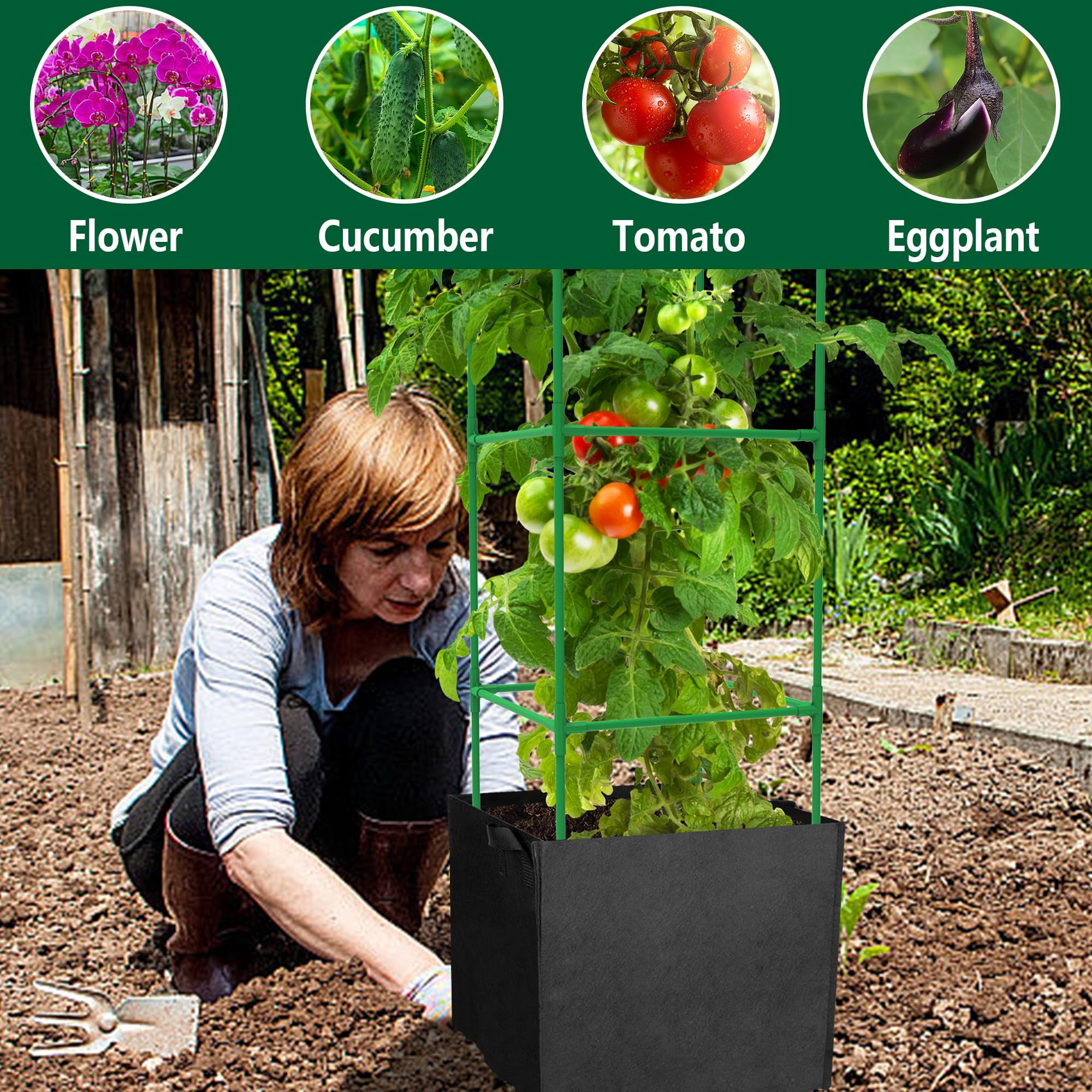 3 packs Garden Tomato Cages with 17.7 Gallon Grow Bags-Alloy Steel Square Plant Support Trellis Assembled for Vertical Climbing Plants