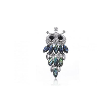 Eyed Owl Pendant - Faux Abalone Body Black Eyed Clear Rhinestone Silver Tone Owl Necklace Pendant