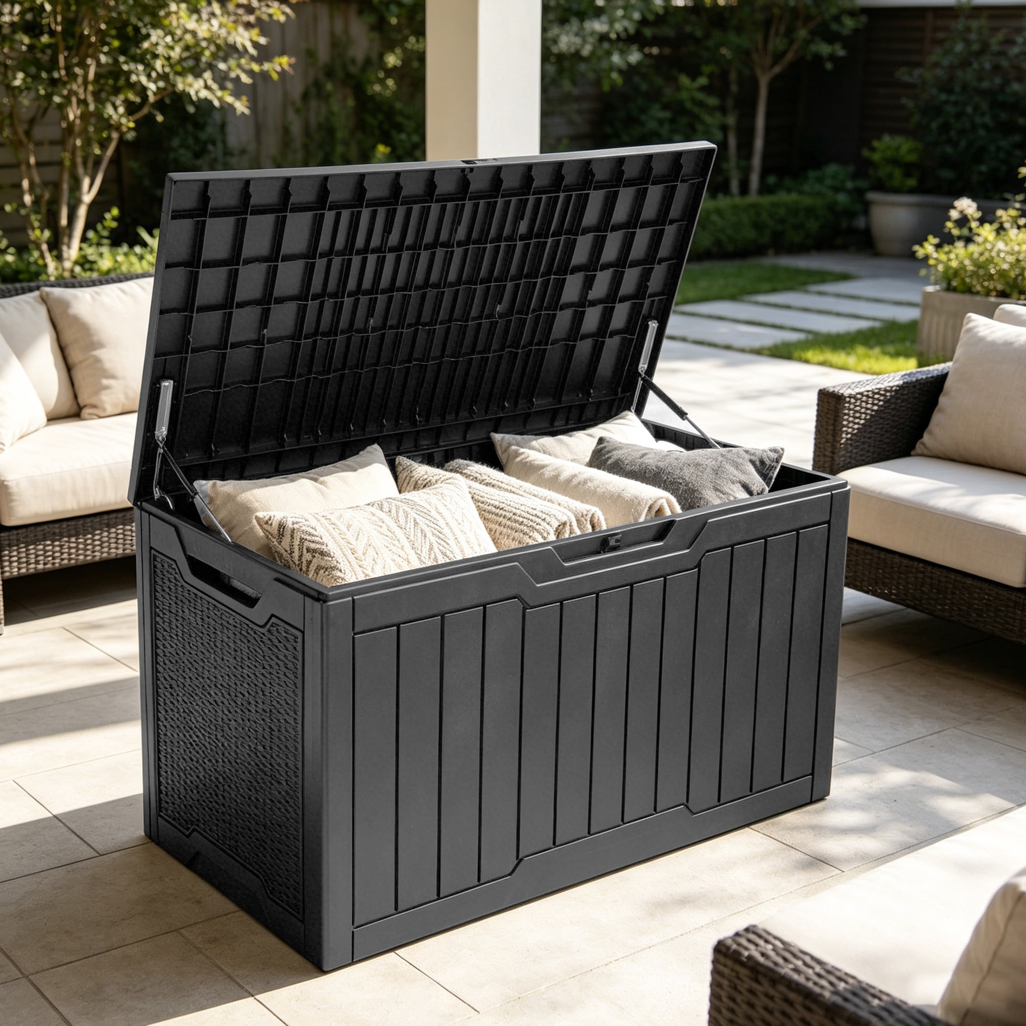 Uforic 100 Gallon Resin Deck Box, Waterproof Lockable Outdoor Storage Box for Patio Cushions Garden Tools Pool Supplies, Gray