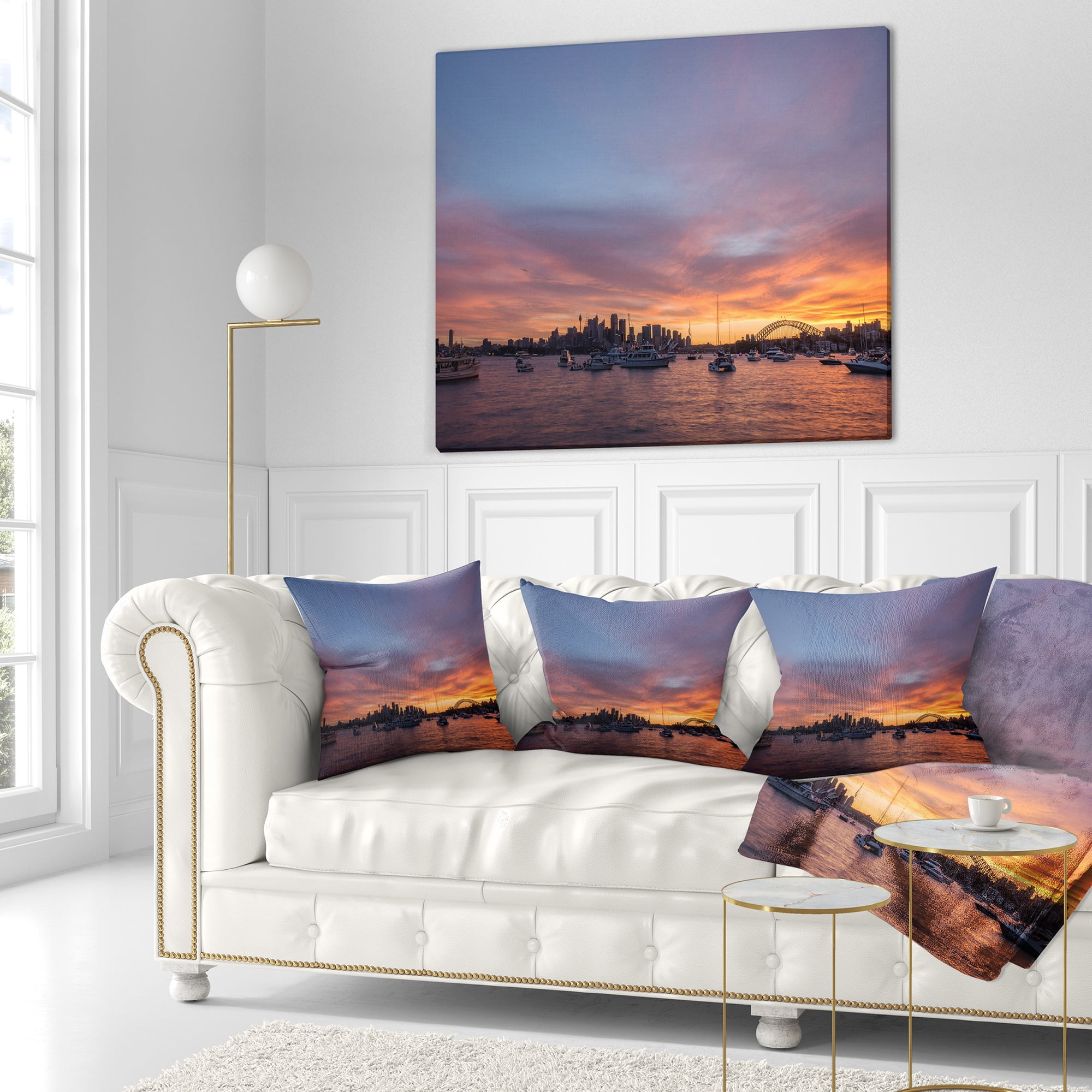 Designart Ferry in Sydney Harbor at Sunset - Landscape Printed Throw Pillow - 16x16