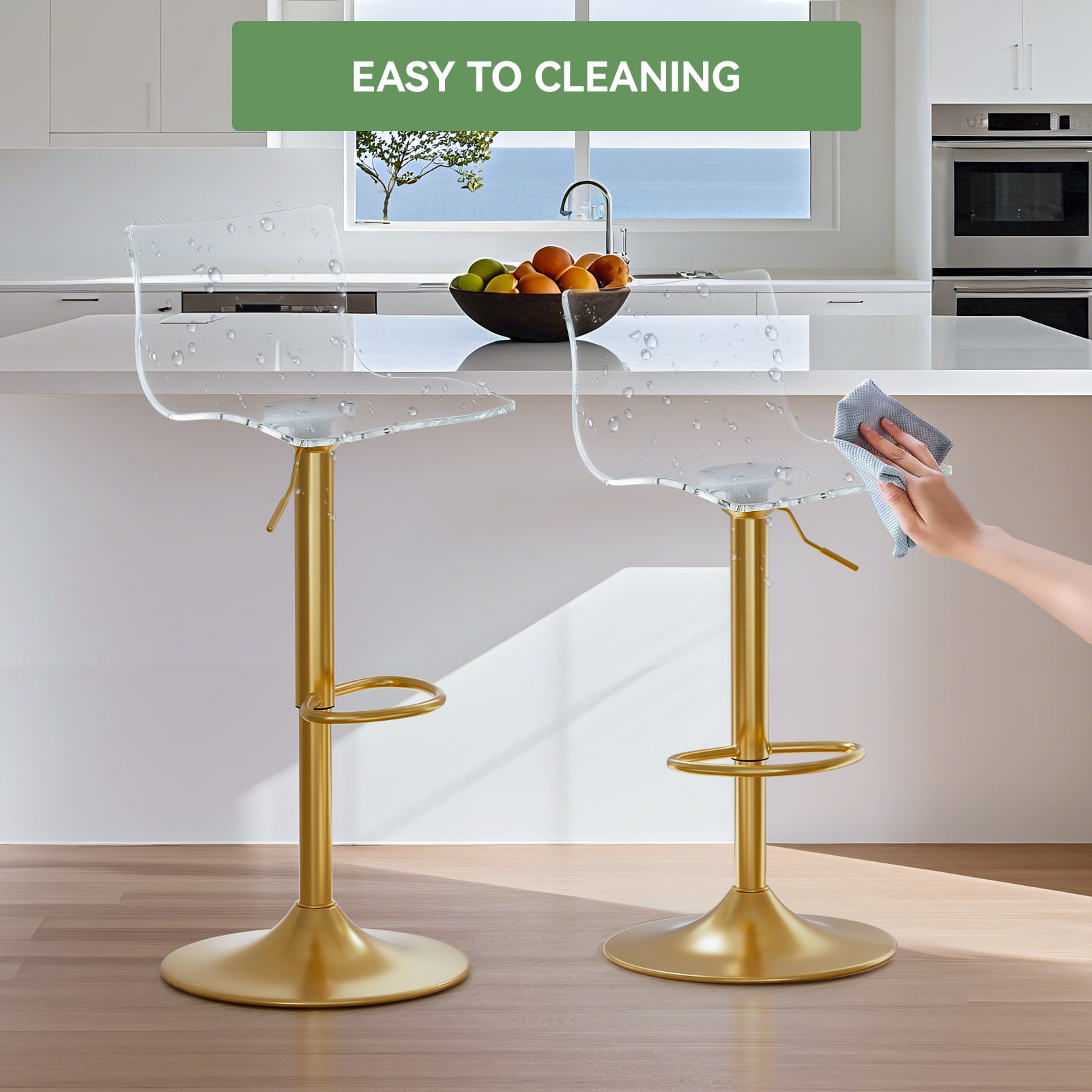 Acrylic Bar Stools Set of 2, Clear Seat Metal Gold Base Barstools, Adjustable 360° Swivel Modern Bar Stool for Kitchen Island, Dining, Bar, Pub