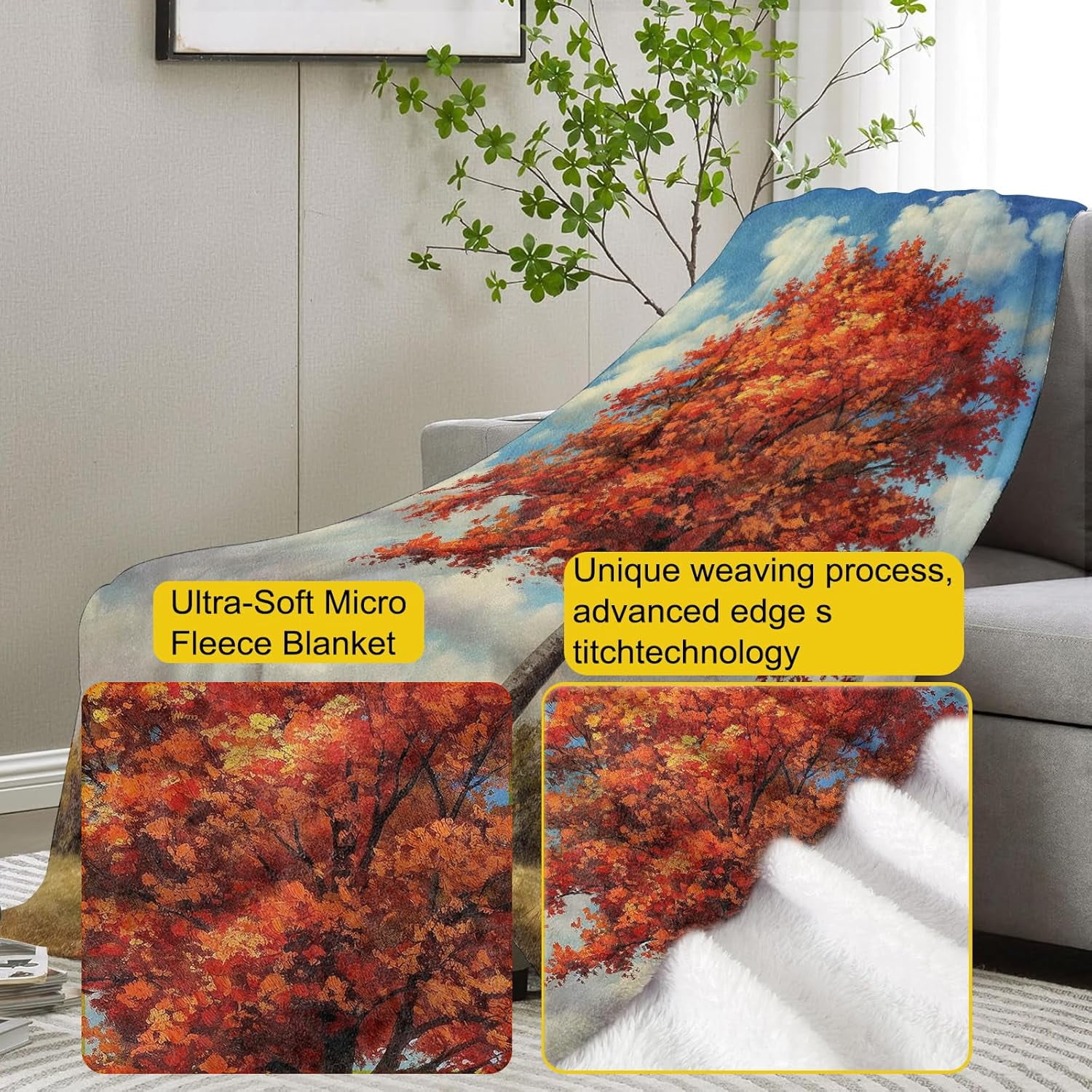 Sweetgum Tree Blanket,Autumn Tree Flannel Throw Blankets,Soft Warm Lightweight Cozy Plush Fall Foliage Throws for Bedroom Sofa Home Decor Gifts for Women Girls 50"x40"