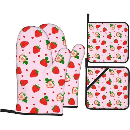 

NICKSUN Oven Mitts and Pot Holders Sets 4 Pieces Non-Slip Heat Resistant Strawberry Pattern Kitchen Glove Pot Mat for Cooking Baking Grilling BBQ